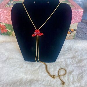 Vintage Lariat Necklace Red Hat Adjustable Rhinestone Pendant Gold Tone Necklace